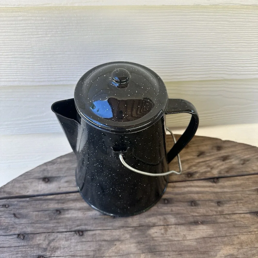 Vintage Black & White Speckled Enamelware Percolator Camping Cowboy Coffee Pot